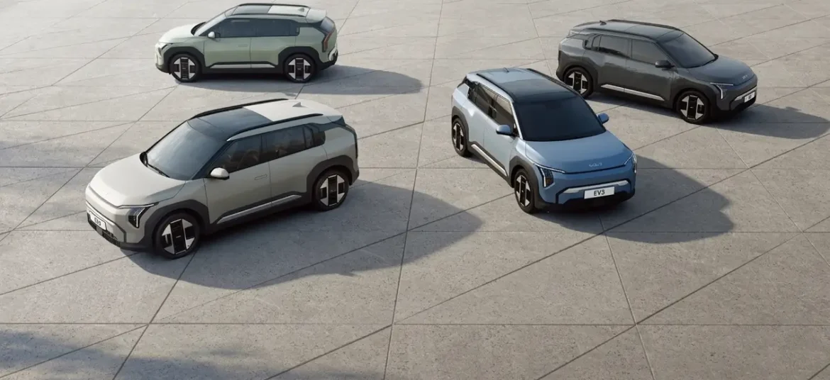 04 different color kia EV3 suvs parked in a parking space