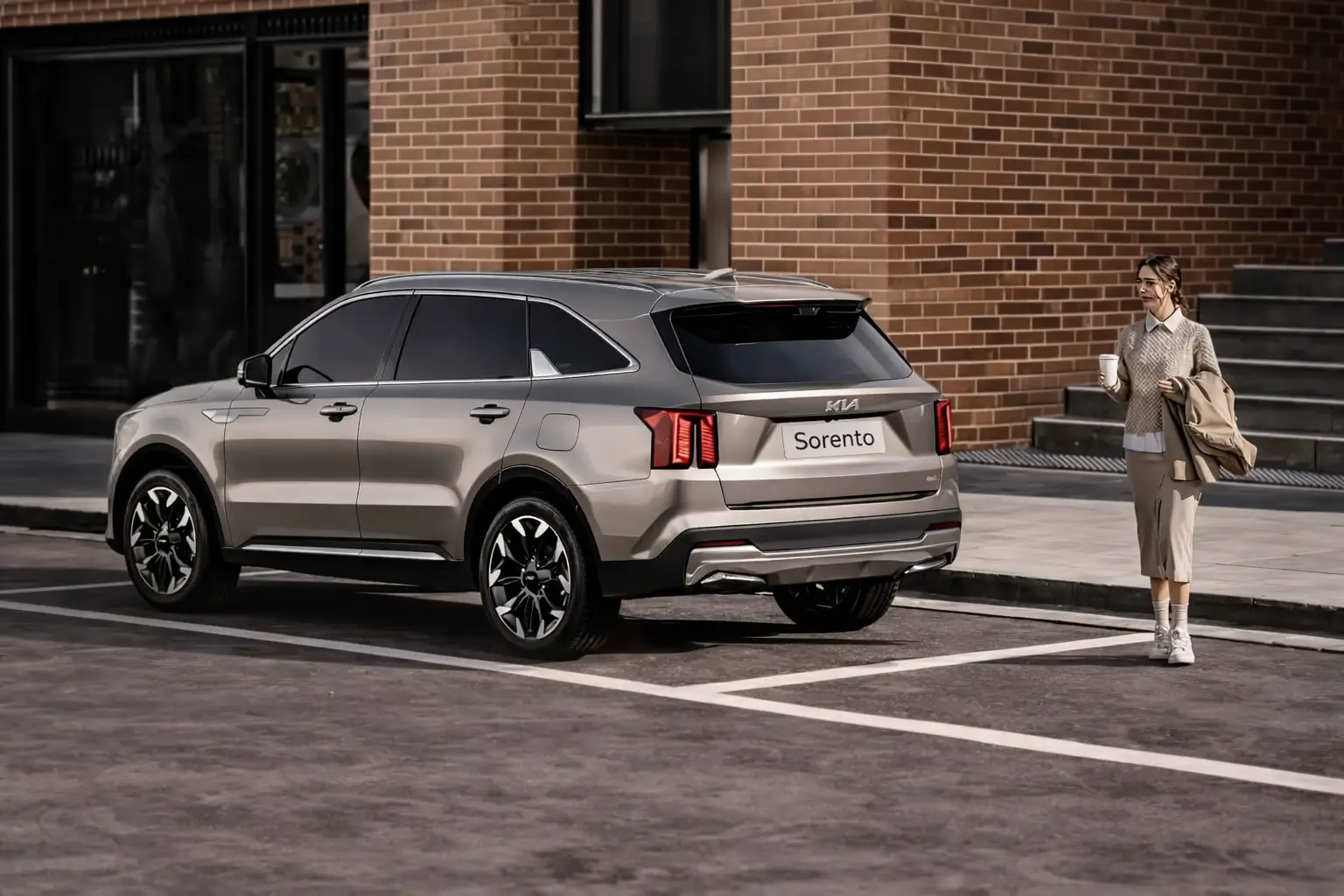 A Kia sportage SUV reversing and a lady with a cup of coffe moving behind the car and car stops with PCA option
